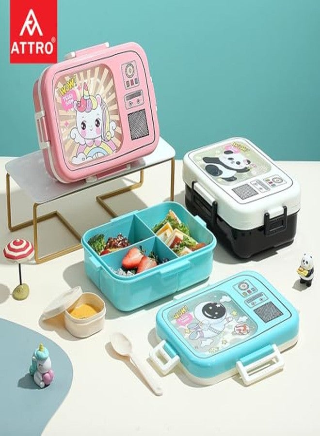 ATTRO Craze Panda Theme Kids Lunch Box with 3 Compartment, 1 Separate Internal Lid, 1 Small Container & Spoon Microwave Safe- 1290ml+70ml White - Image 4